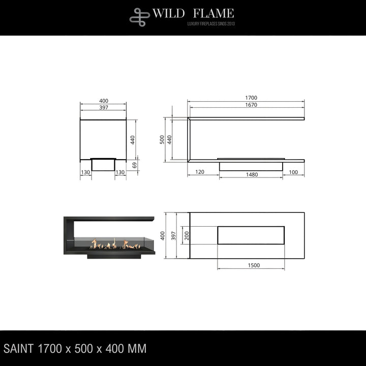 Dreiseitiger Bioethanol Einbaukamin U - SAINT 170