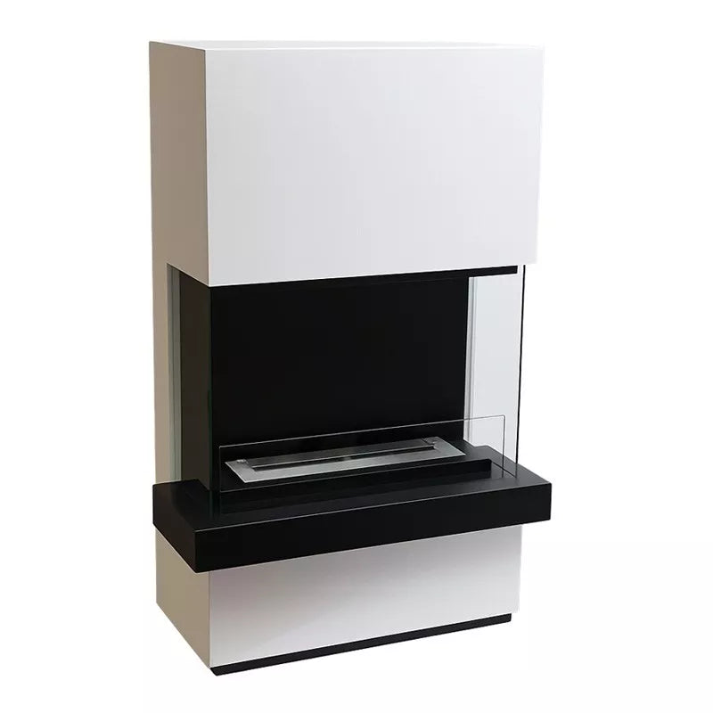 Freistehender Bioethanol Standkamin Standofen RIMINI XXL dreiseitig Raumteiler in Schwarz und Weiss mit Glas - Seitenansicht