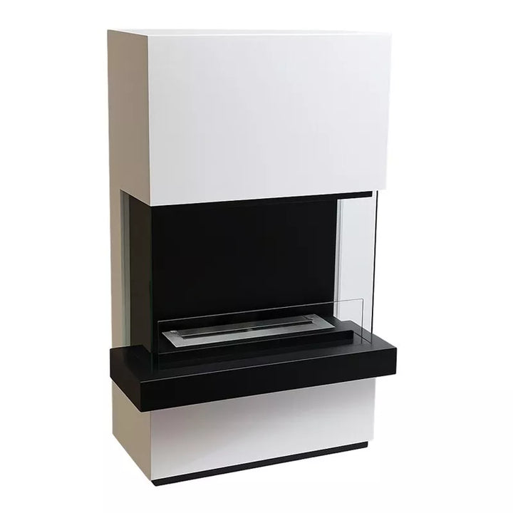 Freistehender Bioethanol Standkamin Standofen RIMINI XXL dreiseitig Raumteiler in Schwarz und Weiss mit Glas - Seitenansicht