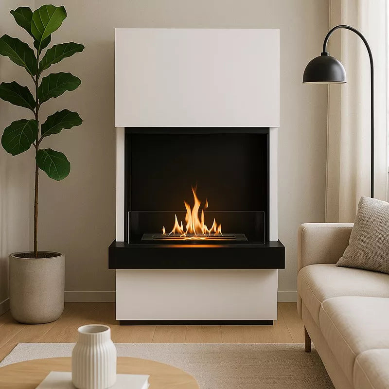 Freistehender Bioethanol Standkamin Standofen RIMINI XXL dreiseitig Raumteiler  mit Glas in Wohnzimmer
